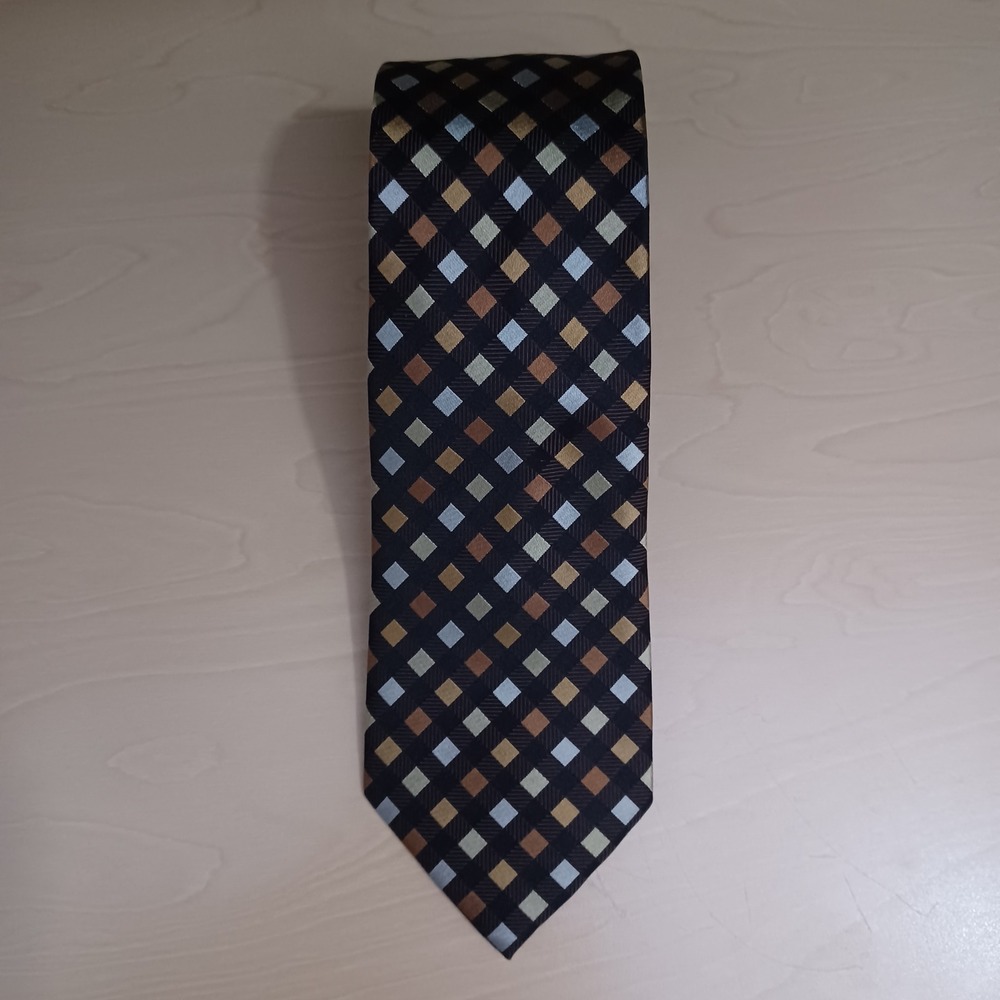 Sean John Mens Geometric Diamond Necktie Black Brown Gold Silver Silk Blend 57in